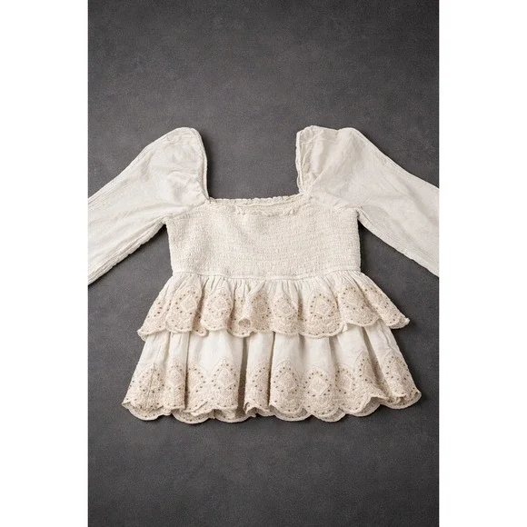 America Eagle Boho Ivory Smocked Peplum Blouse Square Neck Long Sleeve Top - Picture 1 of 3